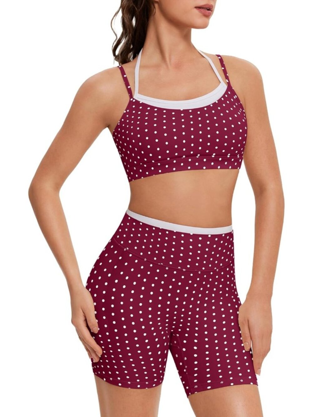Women Burgundy Doubel Layer Open Back Activewear Sports Bra & Gym Shorts Set